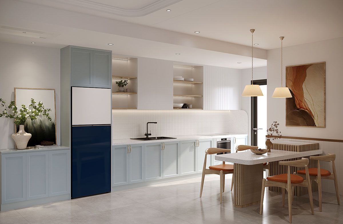 Tủ lạnh Samsung Bespoke ngăn đông trên có màu trắng kết hợp Xanh Navy mang đến tổng thể hài hòa